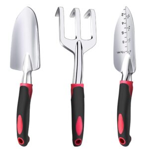 3-Piece Aluminum Gardening Device Set – Heavy-Obligation Package That includes Hand Shovel, Transplant Shovel, and Hand Rake with Mushy Rubber Non-Slip Handles for Backyard Fans