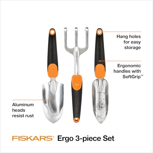 Fiskars 3-Piece Gardening Instrument Set: Rust-Resistant Trowel, Transplanter, and Cultivator for Out of doors Planting - Ergonomic Backyard Instruments Package, Supreme as Gardening Items