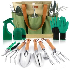 YAUNGEL Heavy-Obligation Gardening Software Set – 10-Piece Stainless Metal Hand Instruments with Picket Handles, Consists of Storage Tote Bag, Good Gardening Items for Males and Girls